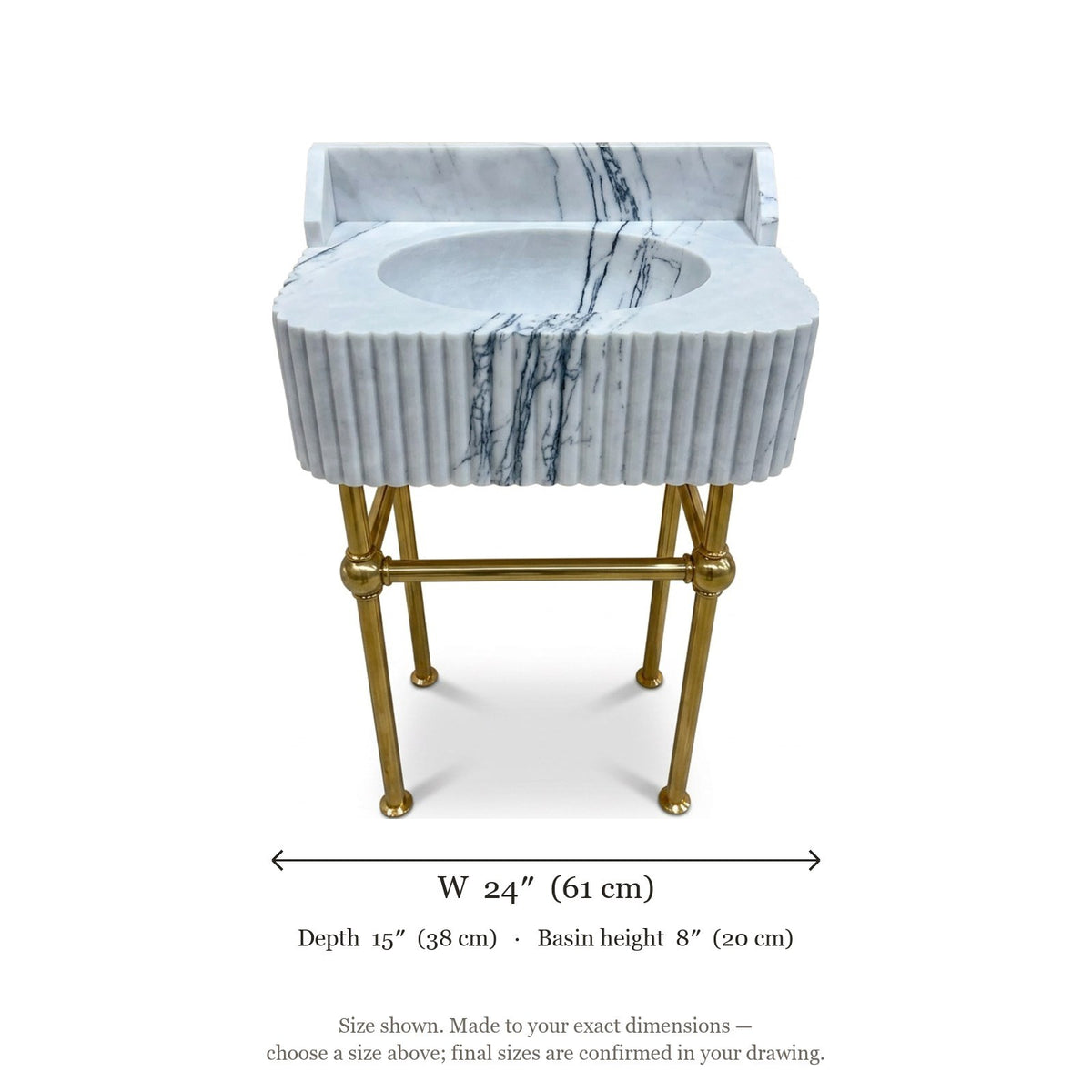 Carrara Fluted Marble Sink with Brass Stand and Backsplash — dimensions — view 4
