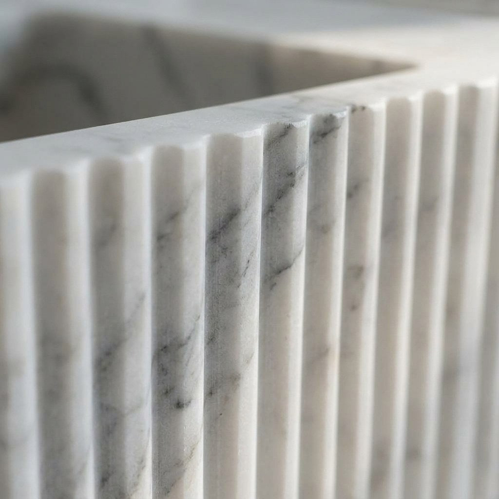Carrara Fluted Marble Vanity with Backsplash — marble detail — view 3