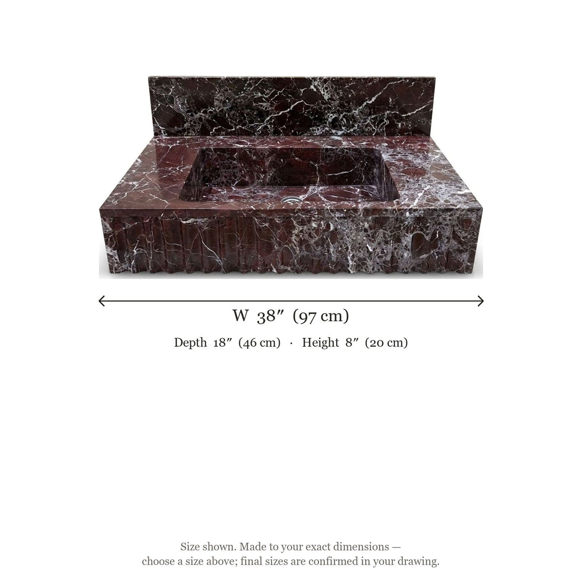 Rosso Levanto Fluted Marble Sink with Backsplash — dimensions — view 3