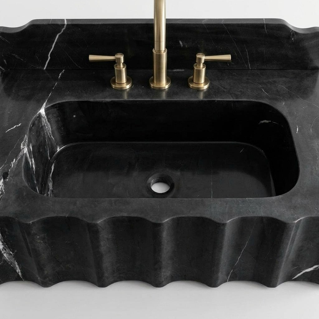 Nero Marquina Fluted Marble Sink with Backsplash — detail — view 4