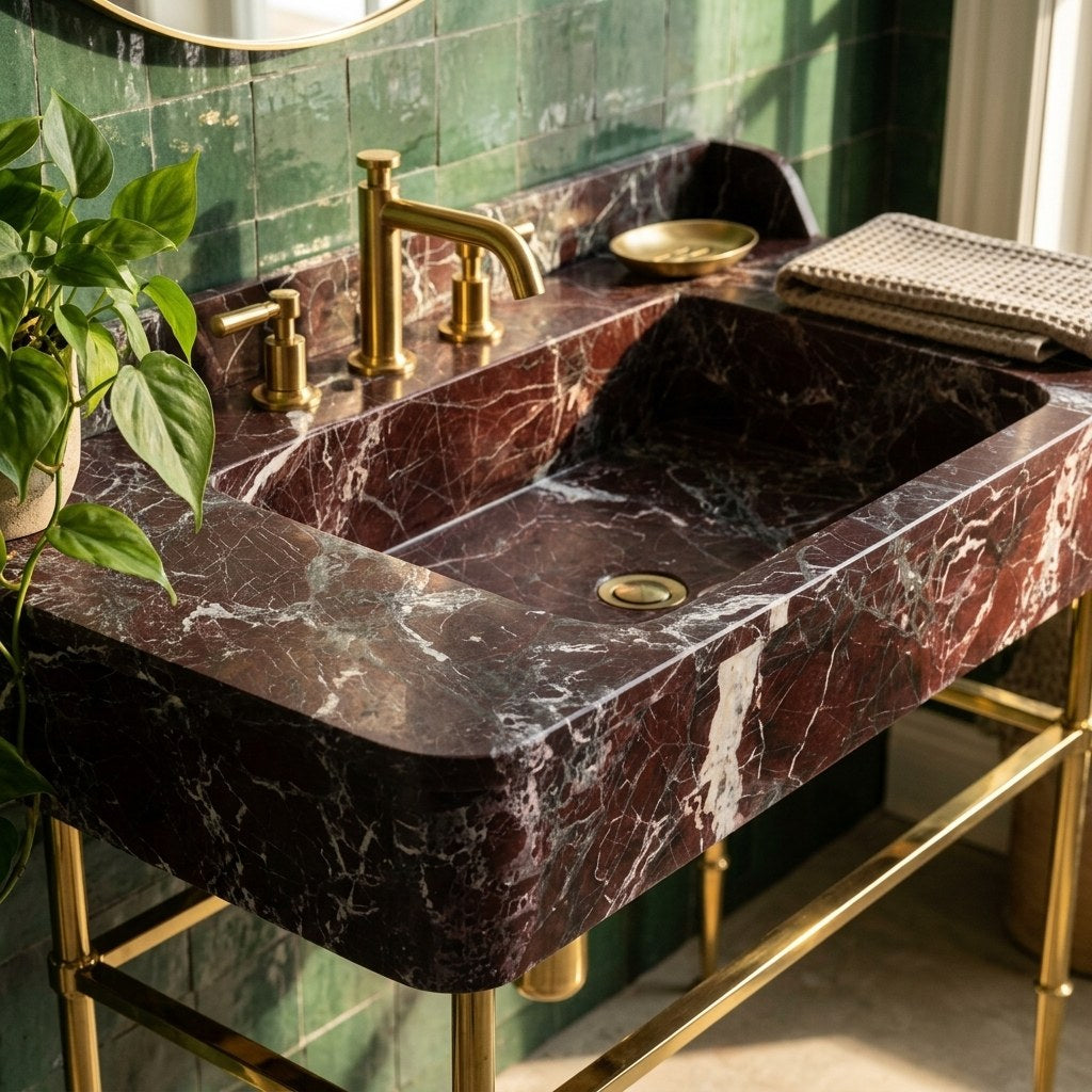 Rosso Levanto Honed Marble Sink with Brass Stand and Backsplash — premium — view 2