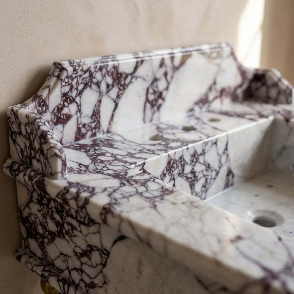 Calacatta Viola Marble Sink with Brass Stand and Backsplash — marble detail — view 3