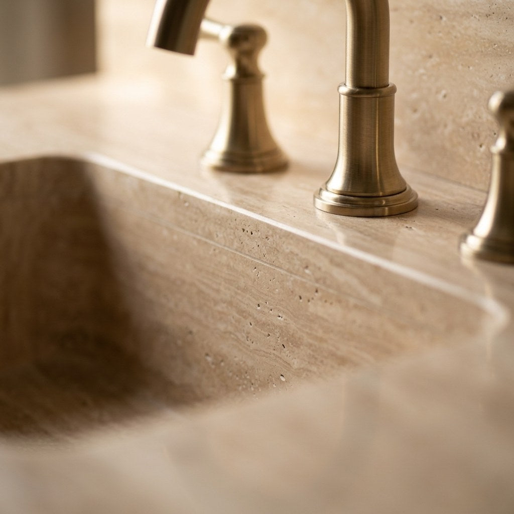 Polished Travertine Console Sink with Copper Stand and Backsplash — marble detail — view 3