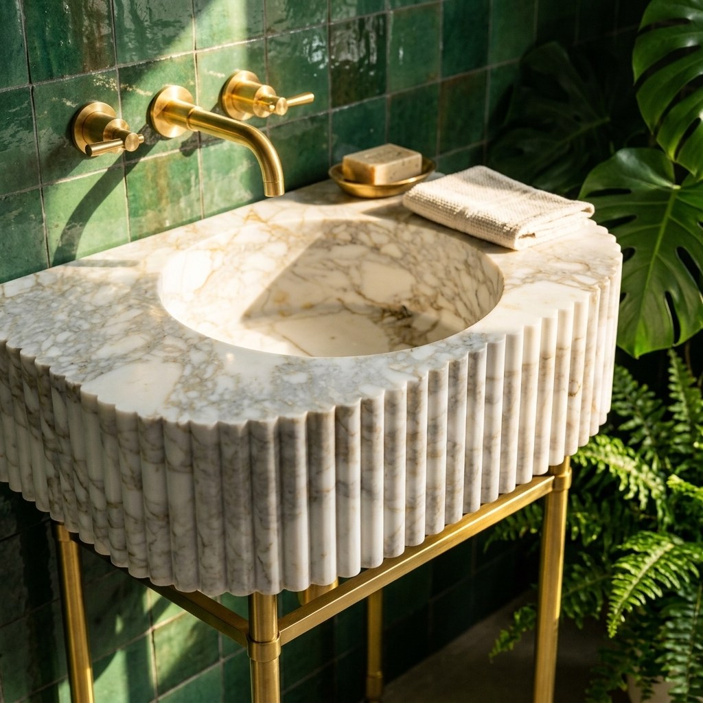 Calacatta Gold Fluted Marble Sink with Brass Stand — premium — view 2
