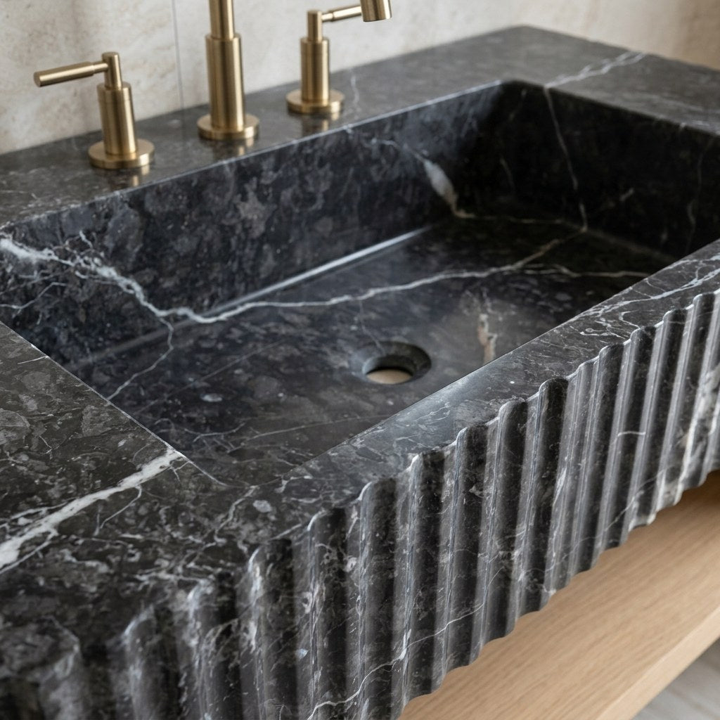 Pietra Notte Fluted Polished Marble Sink — detail — view 4