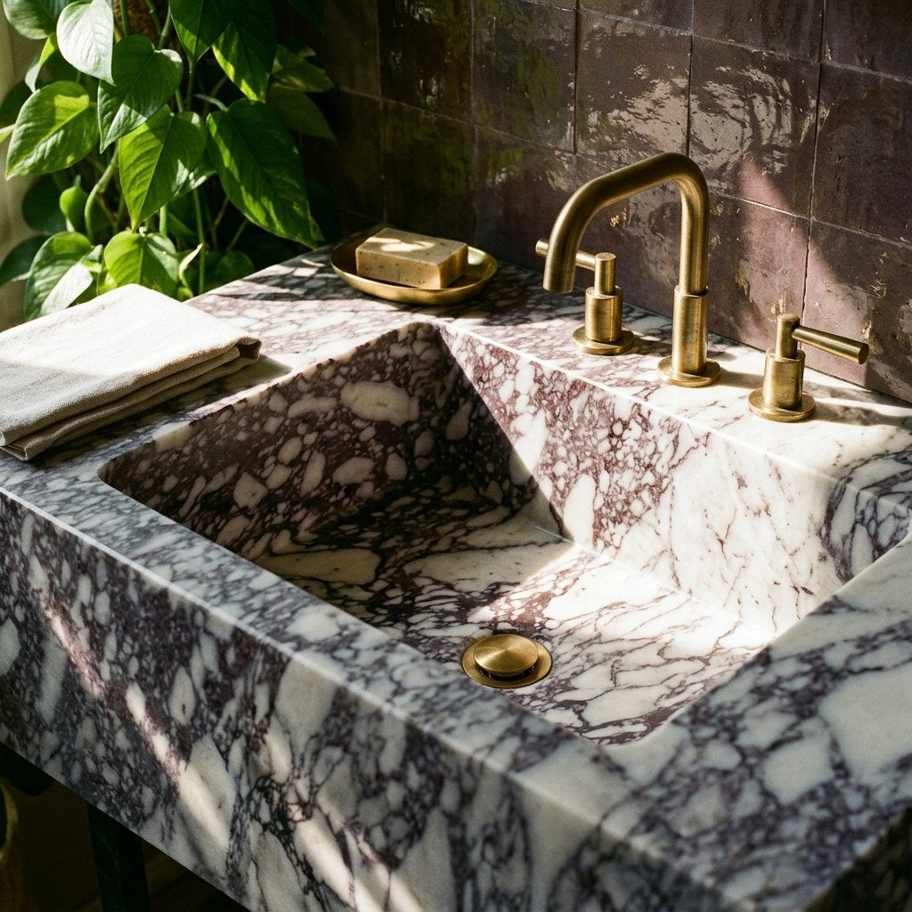 Calacatta Viola Rectangular Honed Marble Sink with 3 Faucet Holes — premium — view 2