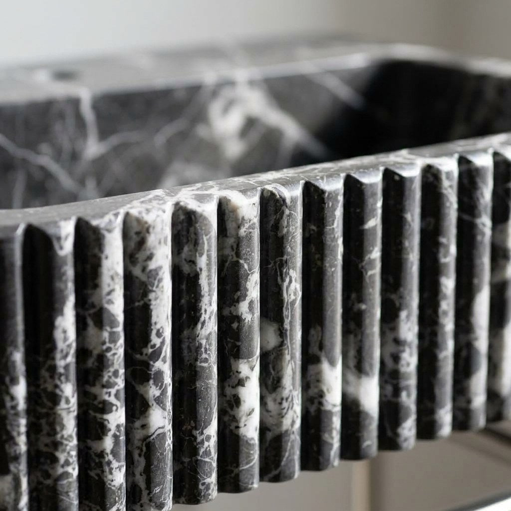 Pietra Notte Fluted Marble Sink with Metal Stand — marble detail — view 3