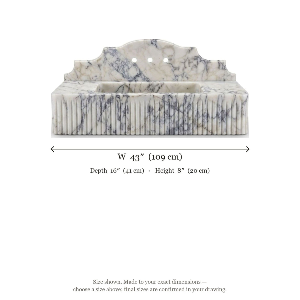Calacatta Viola Fluted Marble Sink with Backsplash — dimensions — view 3