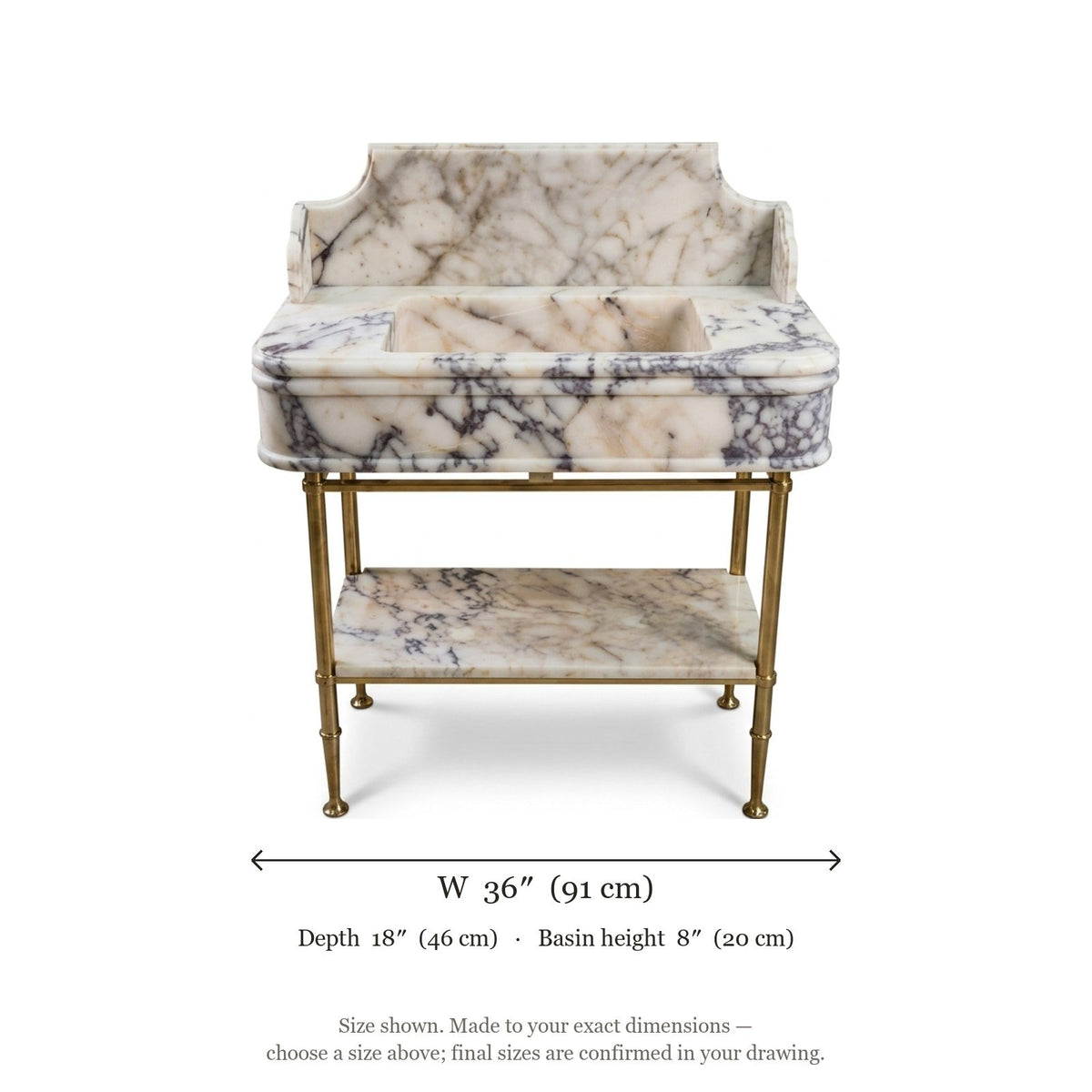 Calacatta Viola Marble Sink with Brass Stand and Backsplash — dimensions — view 3