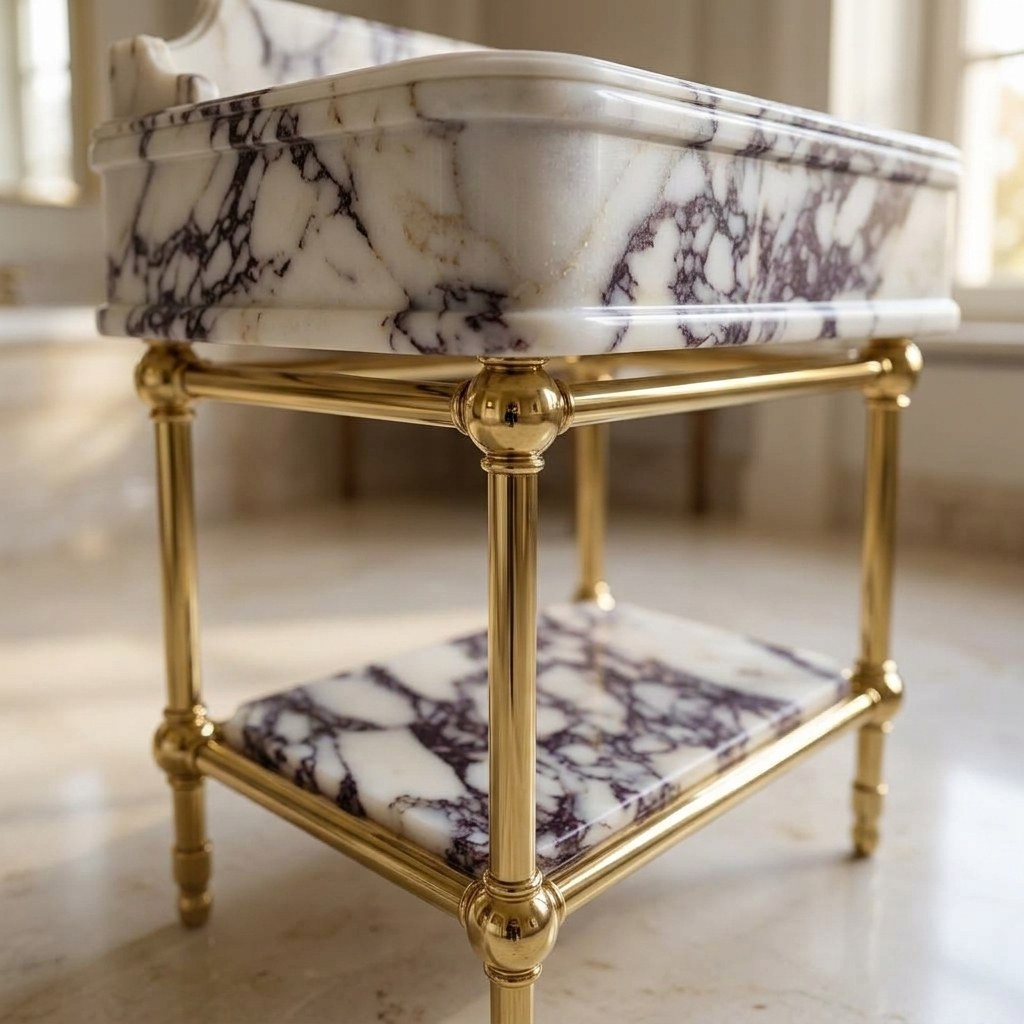 Calacatta Viola Marble Sink with Brass Stand and Backsplash — detail — view 4