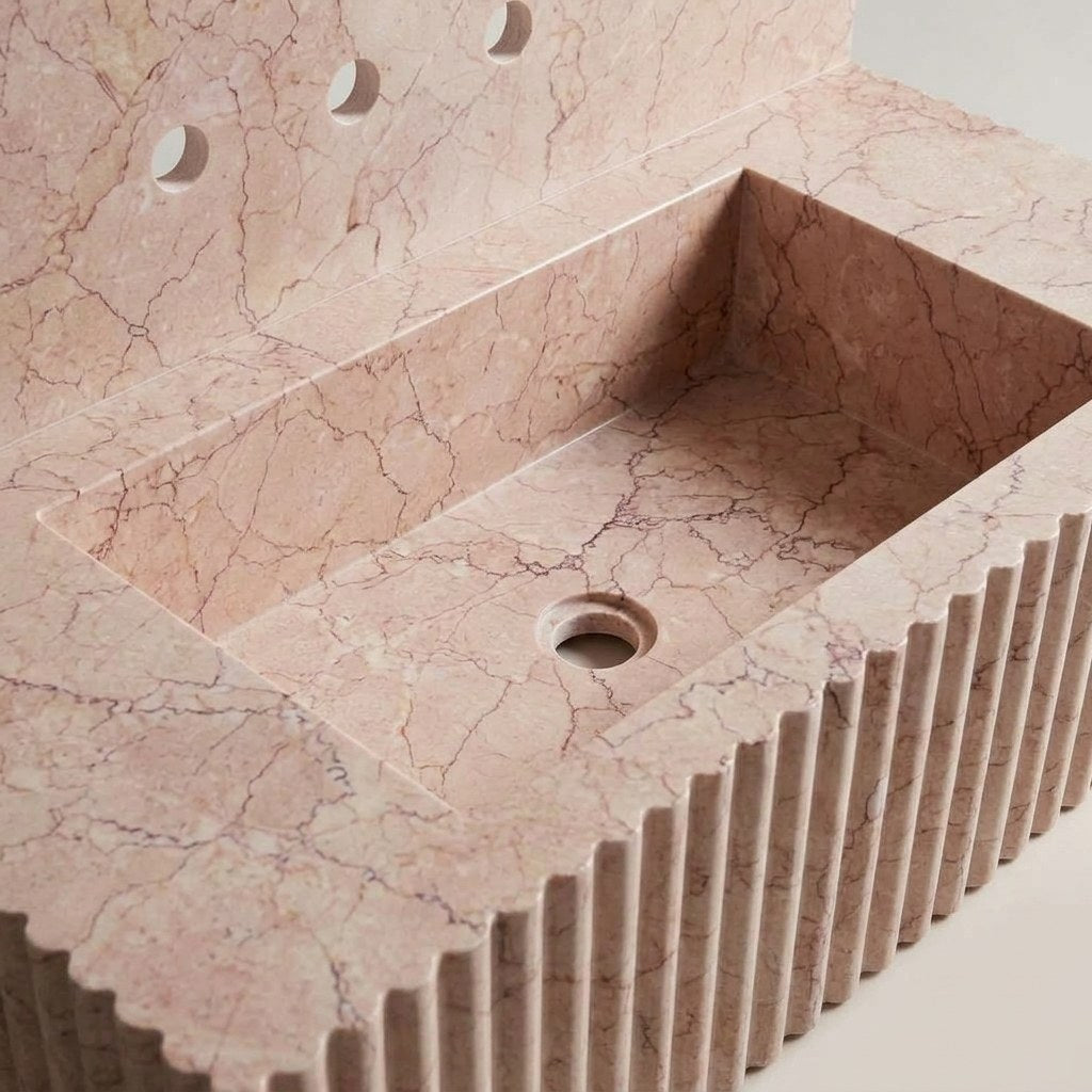 Pink Violet Fluted Marble Sink with Backsplash — detail — view 4