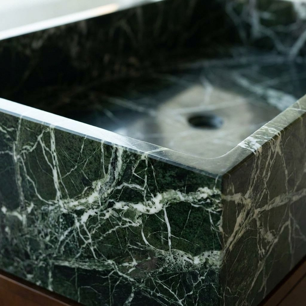 Verde Polished Marble Sink with Wood Vanity — marble detail — view 3