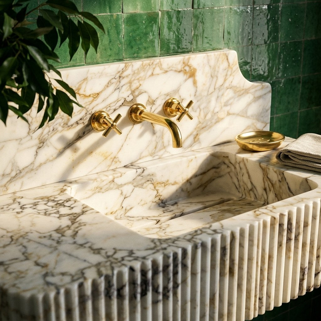 Calacatta Gold Fluted Marble Sink with Backsplash — premium — view 2