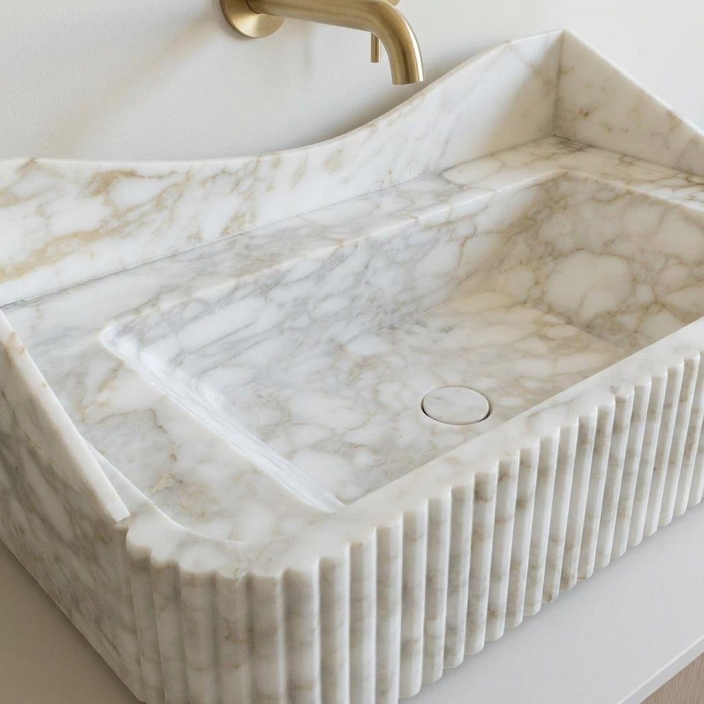Calacatta Gold Fluted Marble Sink with Curved Backsplash — detail — view 4