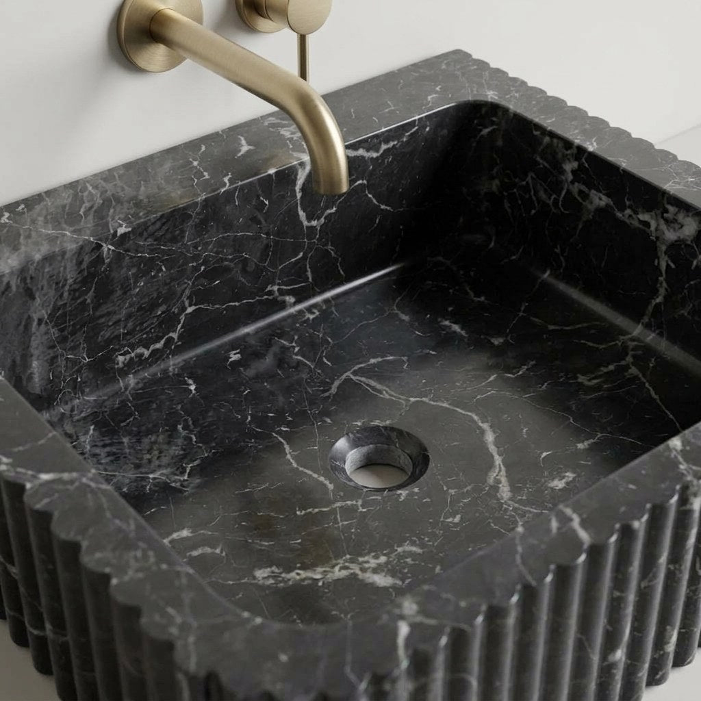 Pietra Notte Fluted Marble Vessel Sink — detail — view 4