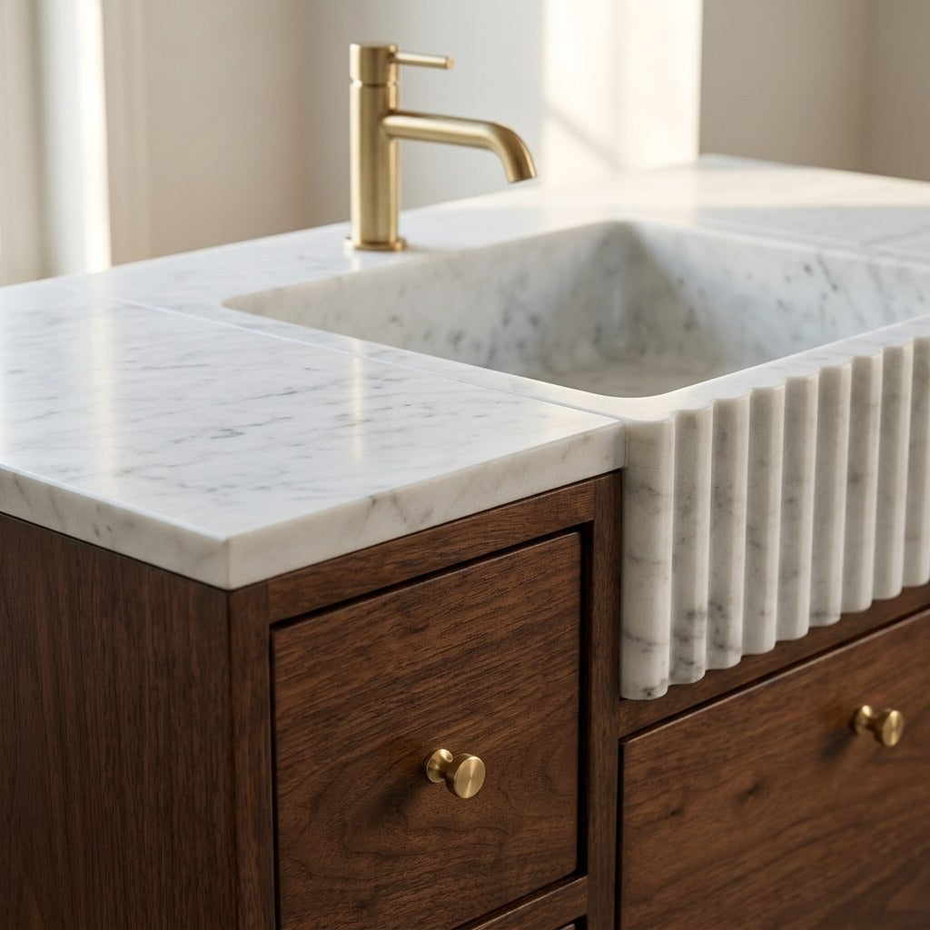 Carrara Fluted Marble Vanity with Wood Cabinet — detail — view 3