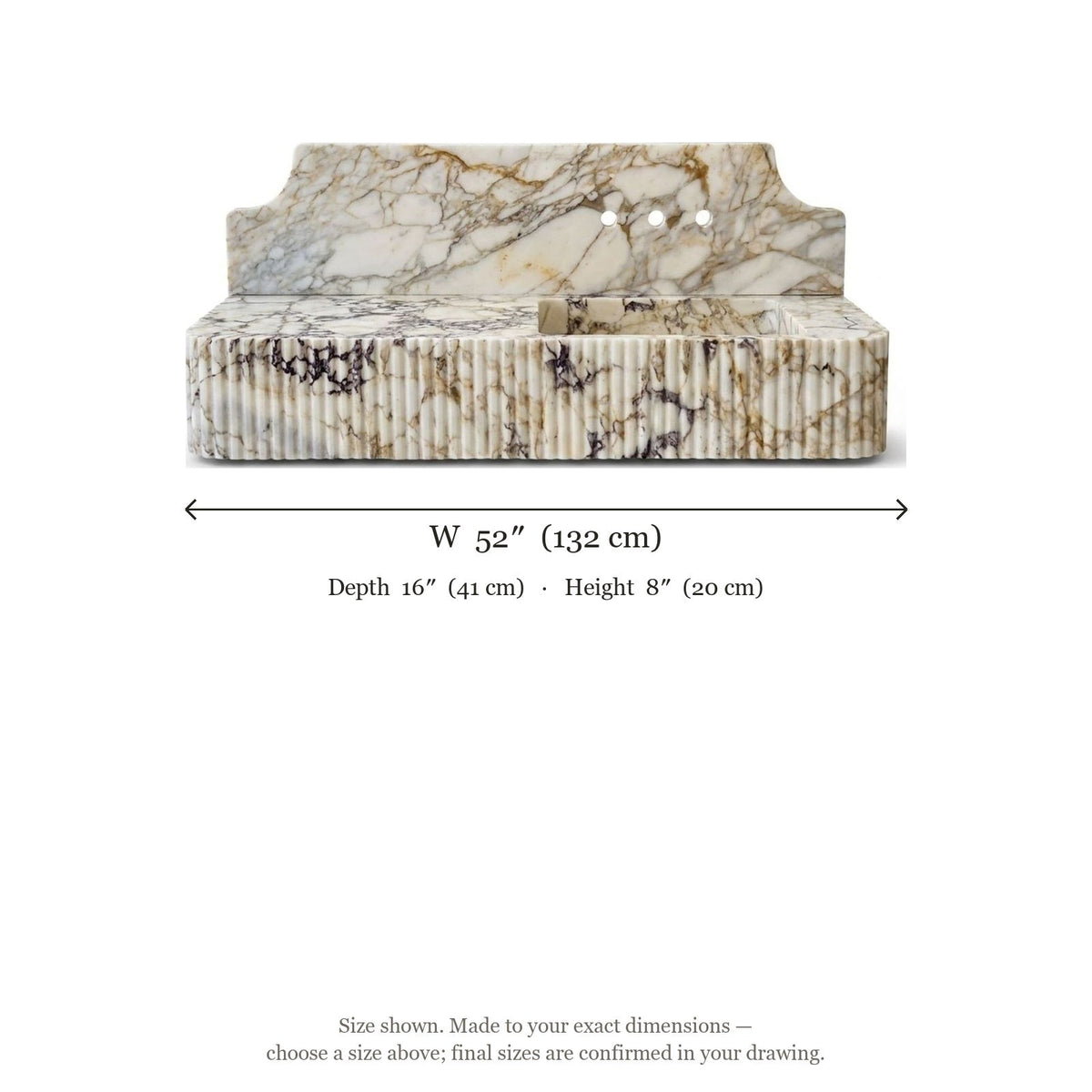 Calacatta Gold Fluted Marble Sink with Backsplash — dimensions — view 5