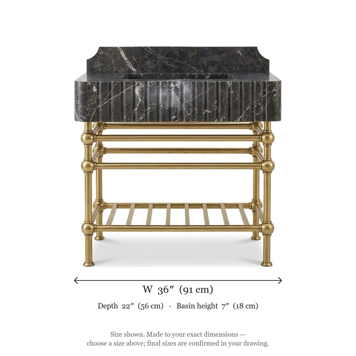 Pietra Notte Fluted Marble Sink with Brass Stand — dimensions — view 5
