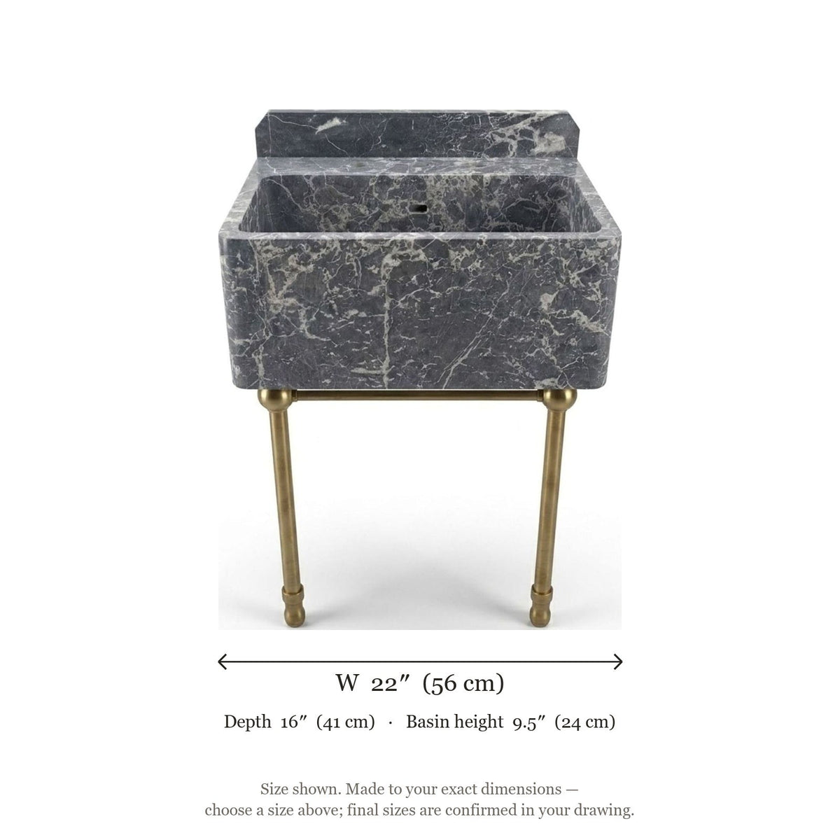 Pietra Notte Marble Sink with Brass Stand and Backsplash — dimensions — view 4