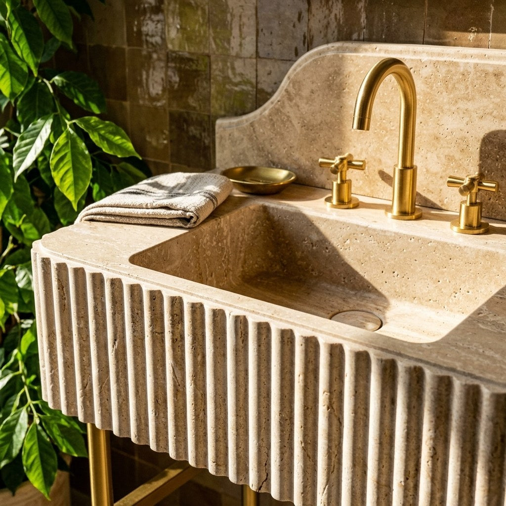 Travertine Fluted Console Sink with Brass Stand — premium — view 2