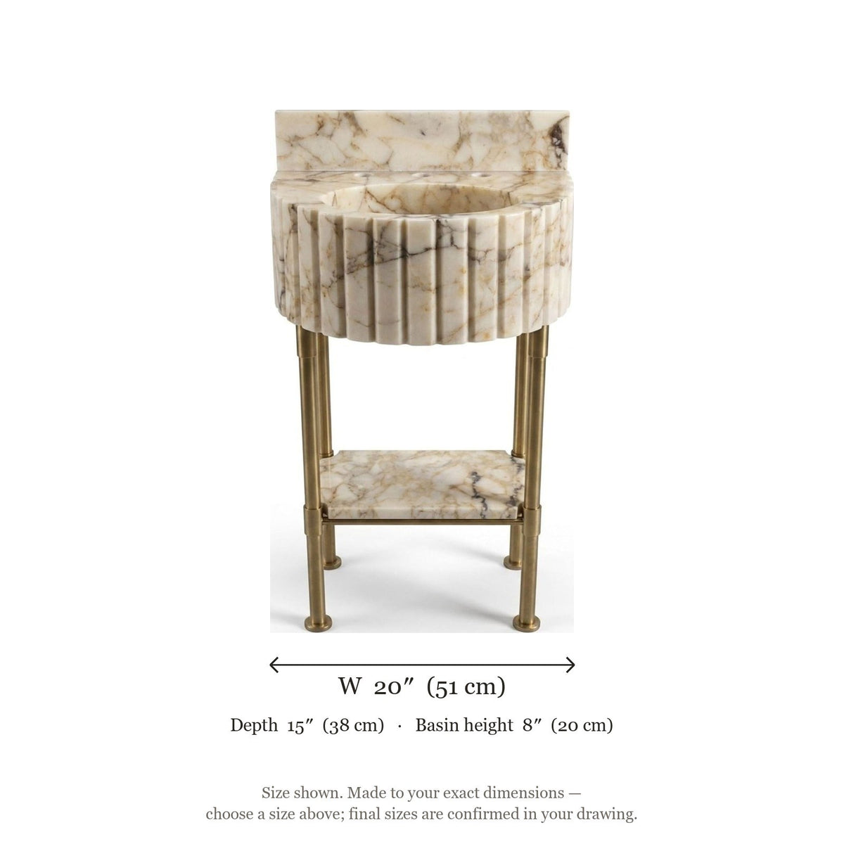 Calacatta Viola Fluted Marble Sink with Brass Stand and Backsplash — dimensions — view 5