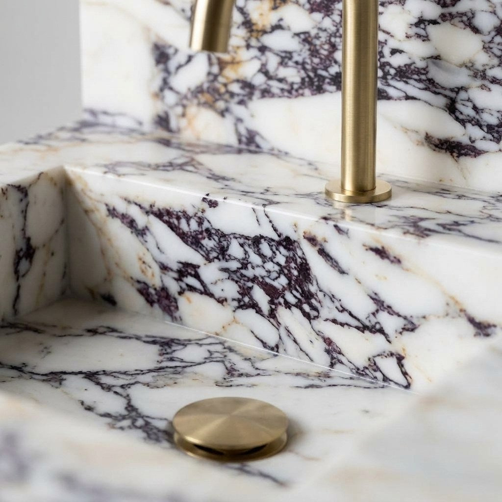 Calacatta Viola Polished Marble Sink with Backsplash — marble detail — view 3