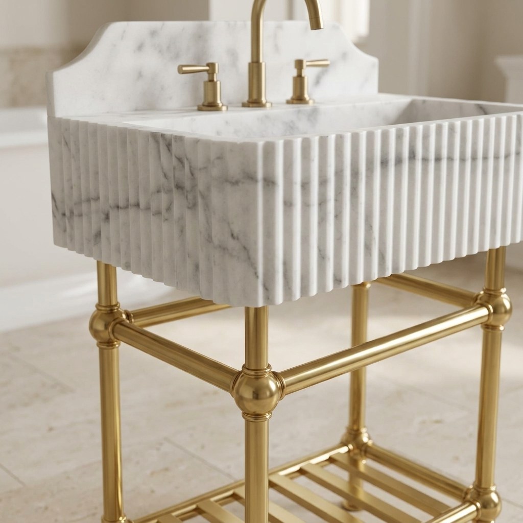 Carrara Fluted Marble Sink with Brass Stand — detail — view 4