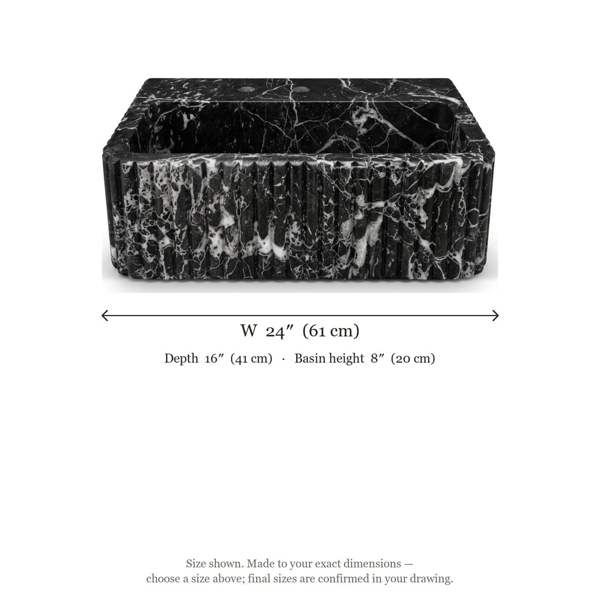 Pietra Notte Fluted Marble Sink with Metal Stand — dimensions — view 4