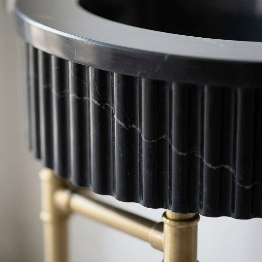 Nero Marquina Fluted Marble Sink with Brass Stand — marble detail — view 3