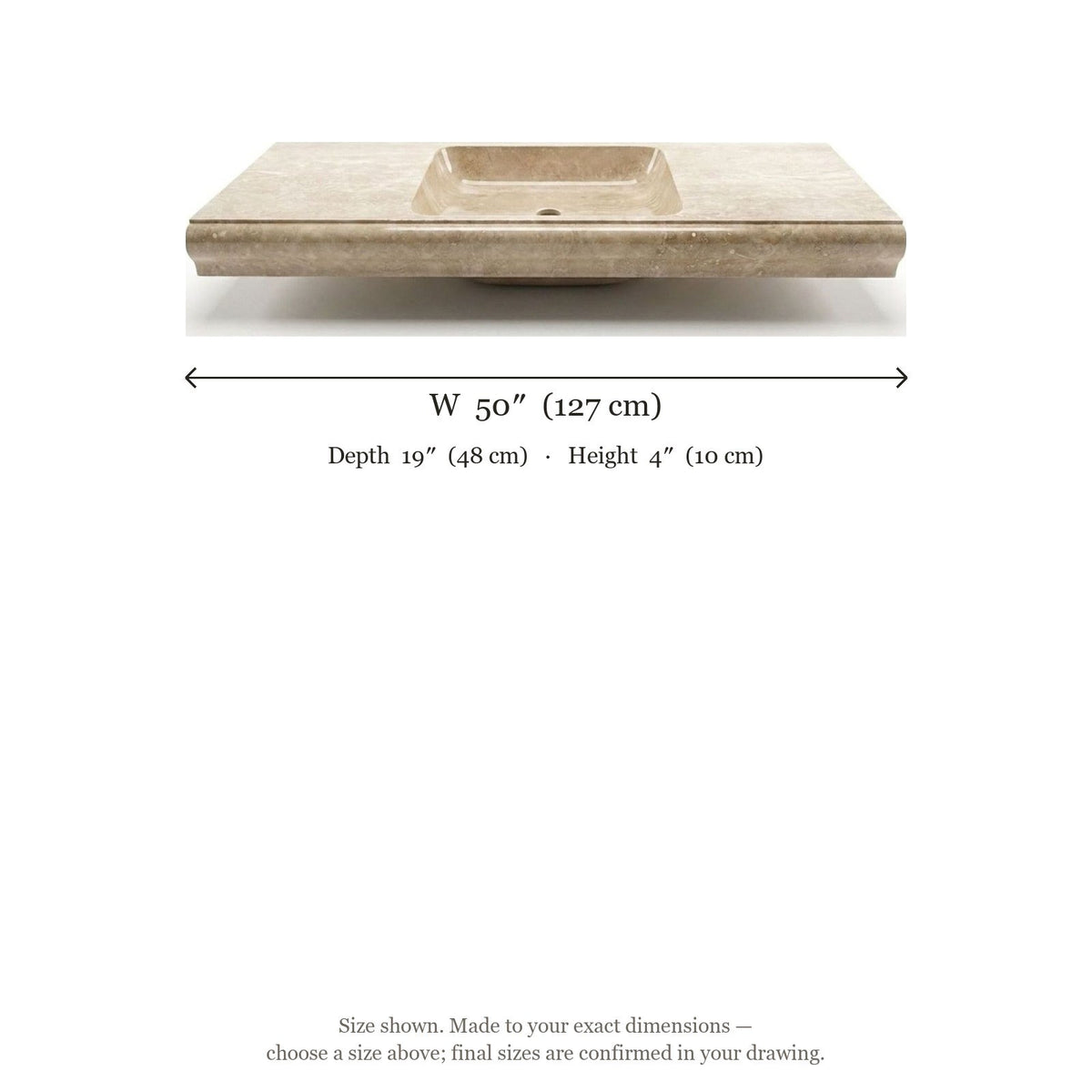 Polished Travertine Integrated Sink with Curved Profile — dimensions — view 4