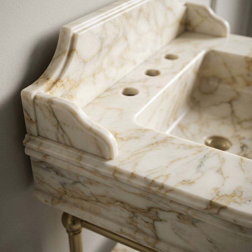 Calacatta Gold Marble Console Sink with Brass Stand — marble detail — view 3