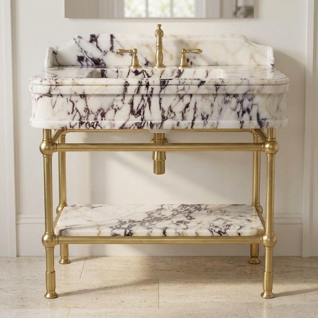 Calacatta Viola Polished Marble Sink with Metal Stand — detail — view 4