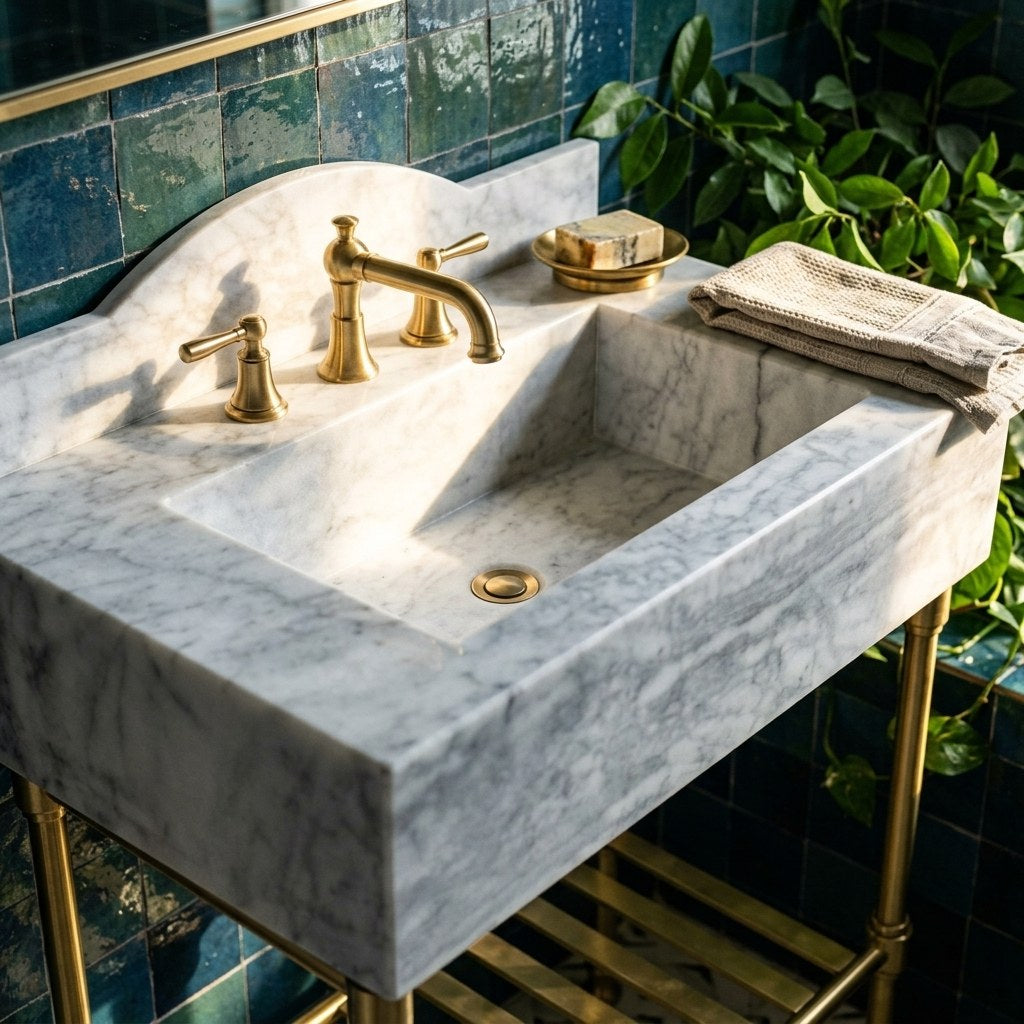 Carrara Honed Marble Sink with Brass Gold Stand — premium — view 2