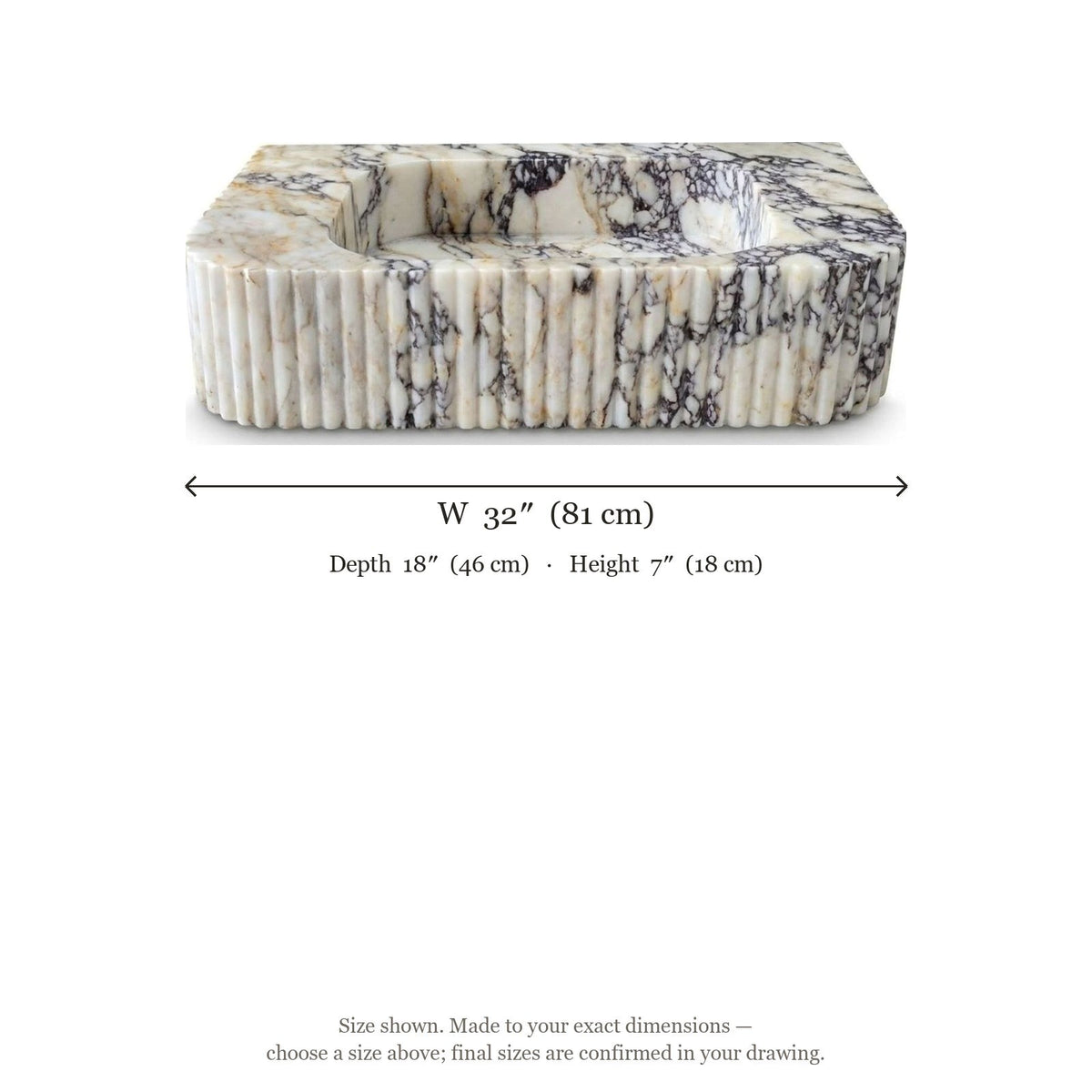 Calacatta Viola Fluted Polished Marble Sink — dimensions — view 4