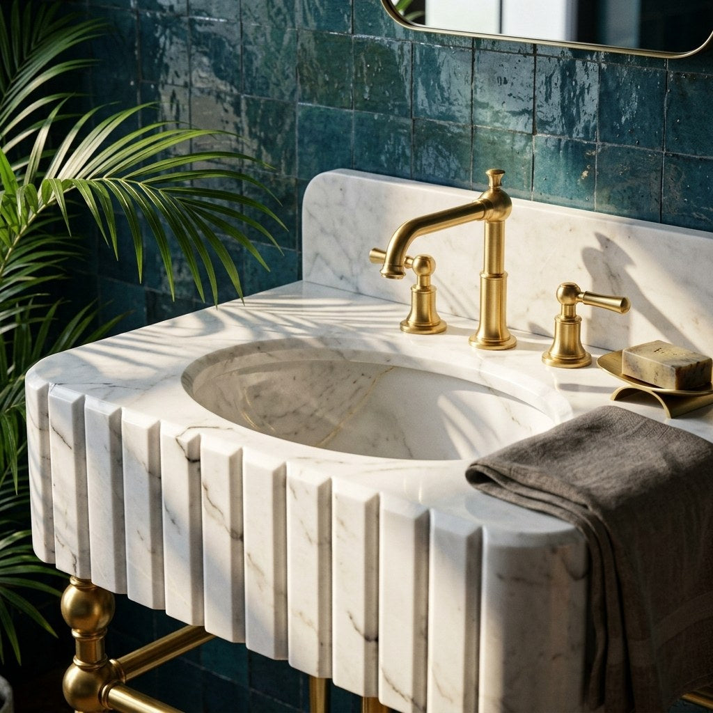 Carrara Fluted Marble Vanity with Brass Gold Stand — premium — view 2
