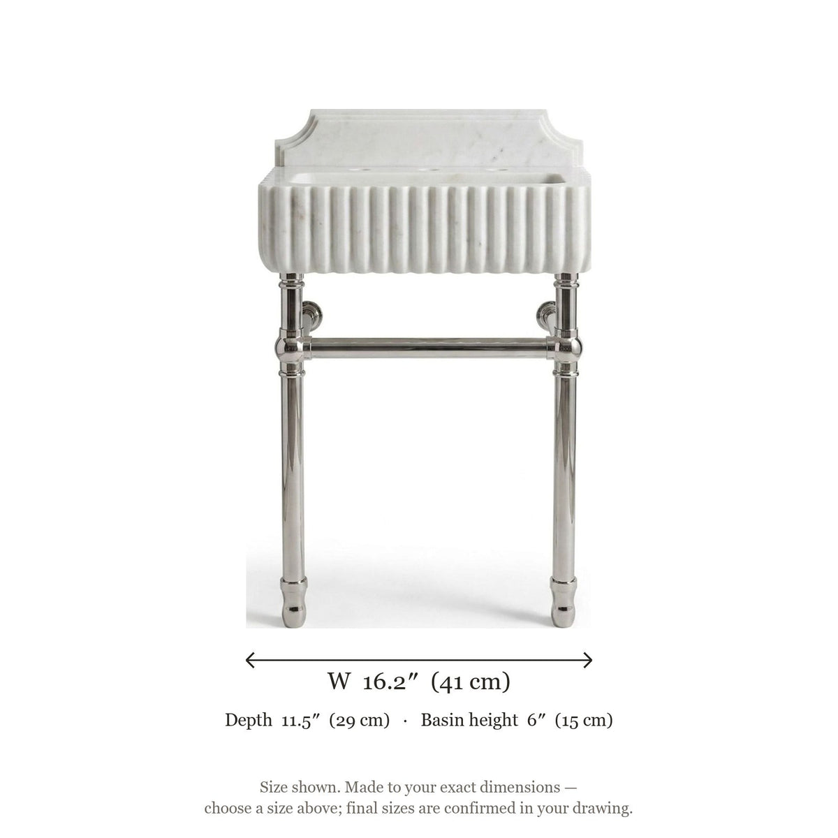 Carrara Fluted Marble Sink with Brushed Steel Stand — dimensions — view 5