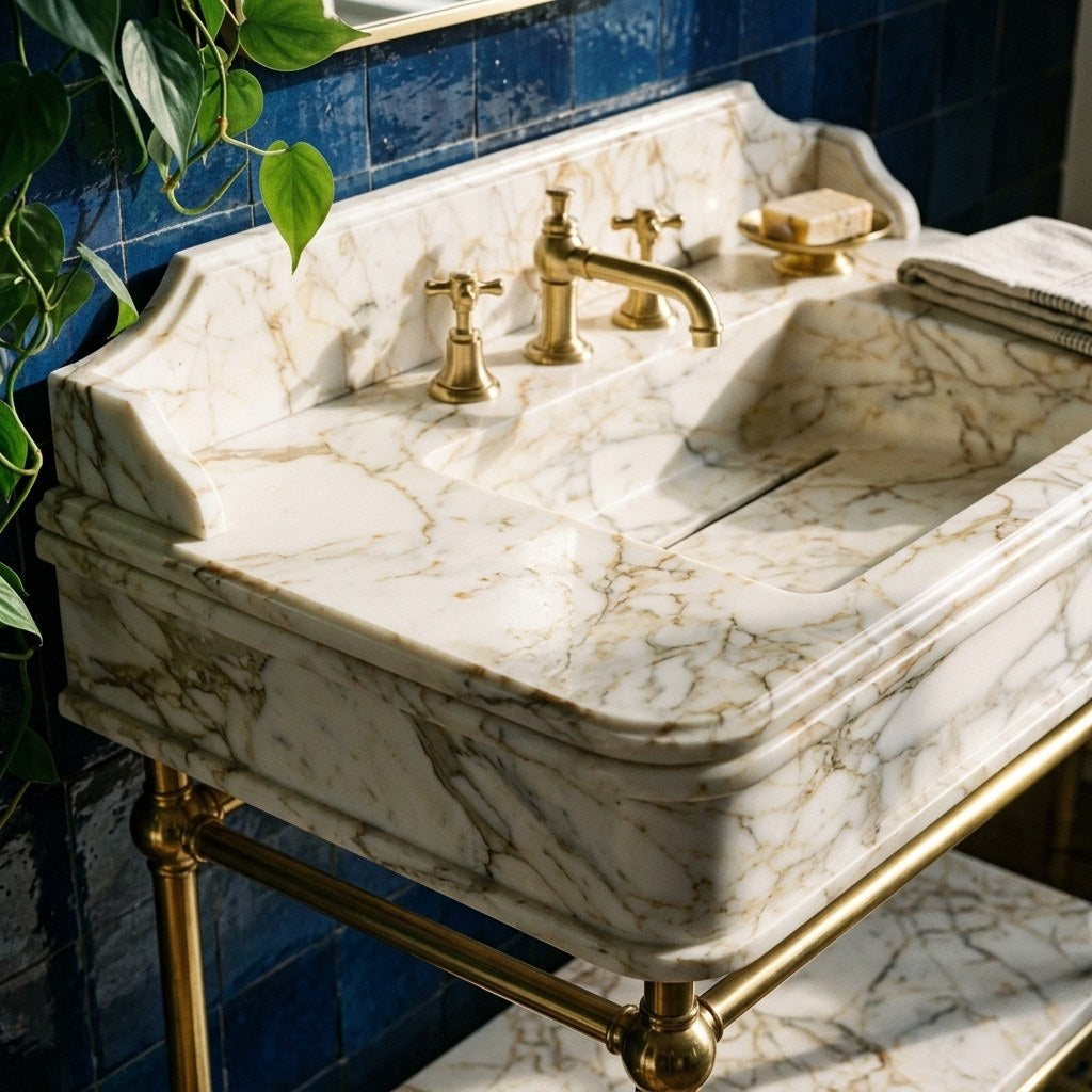 Calacatta Gold Marble Sink with Metal Stand and Backsplash — premium — view 2