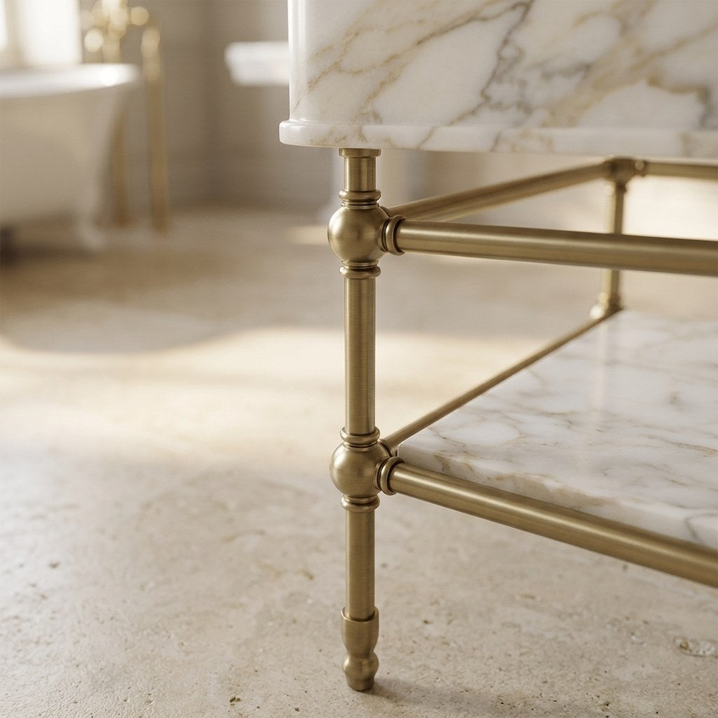 Calacatta Gold Marble Sink with Brass Stand and Backsplash — detail — view 4