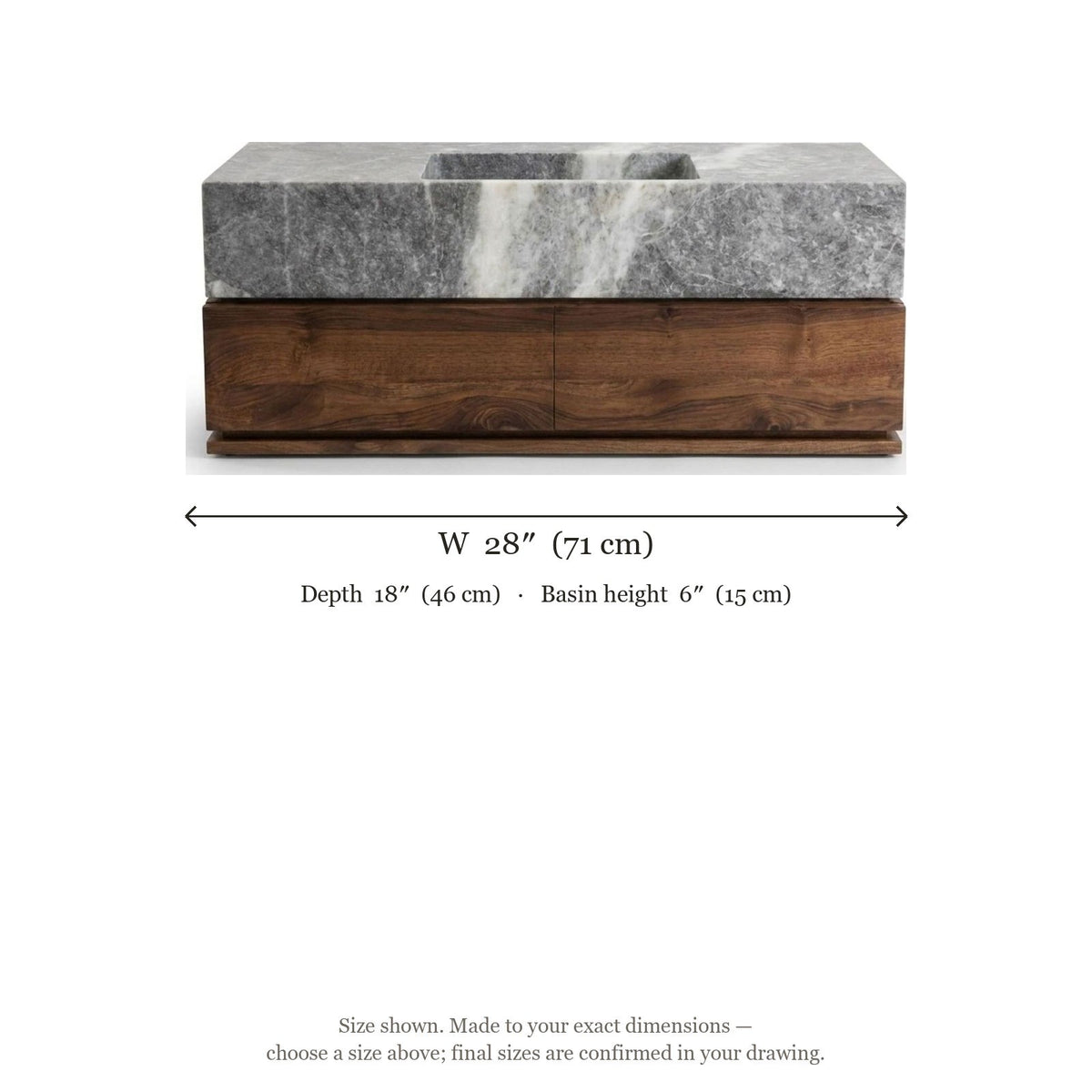 Honed Grey Marble Vanity Sink with Wood Cabinet — dimensions — view 5