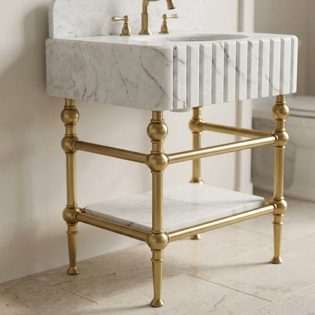 Carrara Fluted Marble Vanity with Brass Gold Stand — detail — view 4
