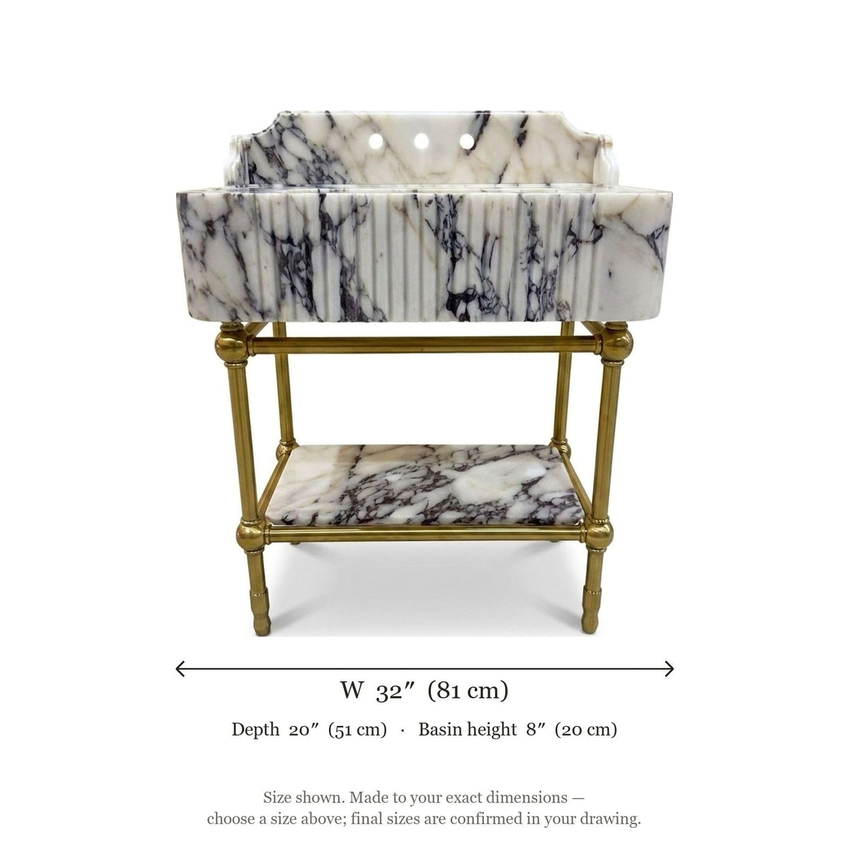 Calacatta Viola Fluted Marble Sink with Brass Stand — dimensions — view 5