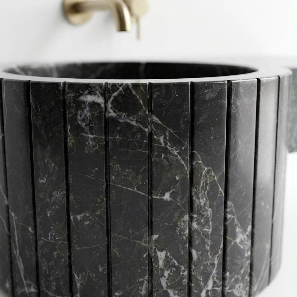 Pietra Notte Fluted Polished Marble Sink — marble detail — view 3