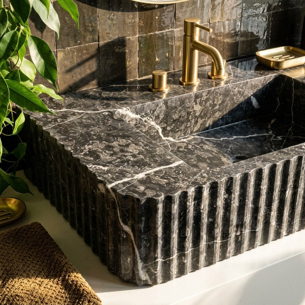 Pietra Notte Fluted Polished Marble Sink — premium — view 2