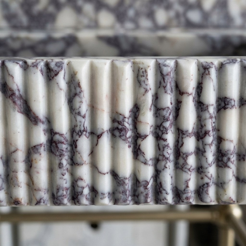 Calacatta Viola Fluted Marble Sink with Champagne Gold Stand — marble detail — view 3