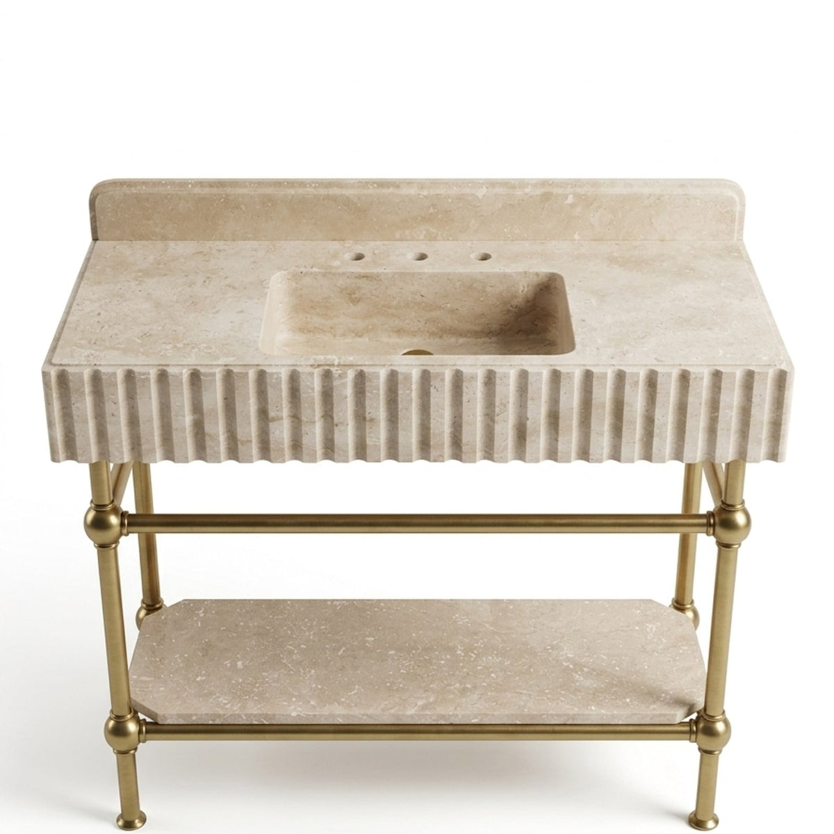 Fluted Travertine Console Sink with Brass Stand — view 1