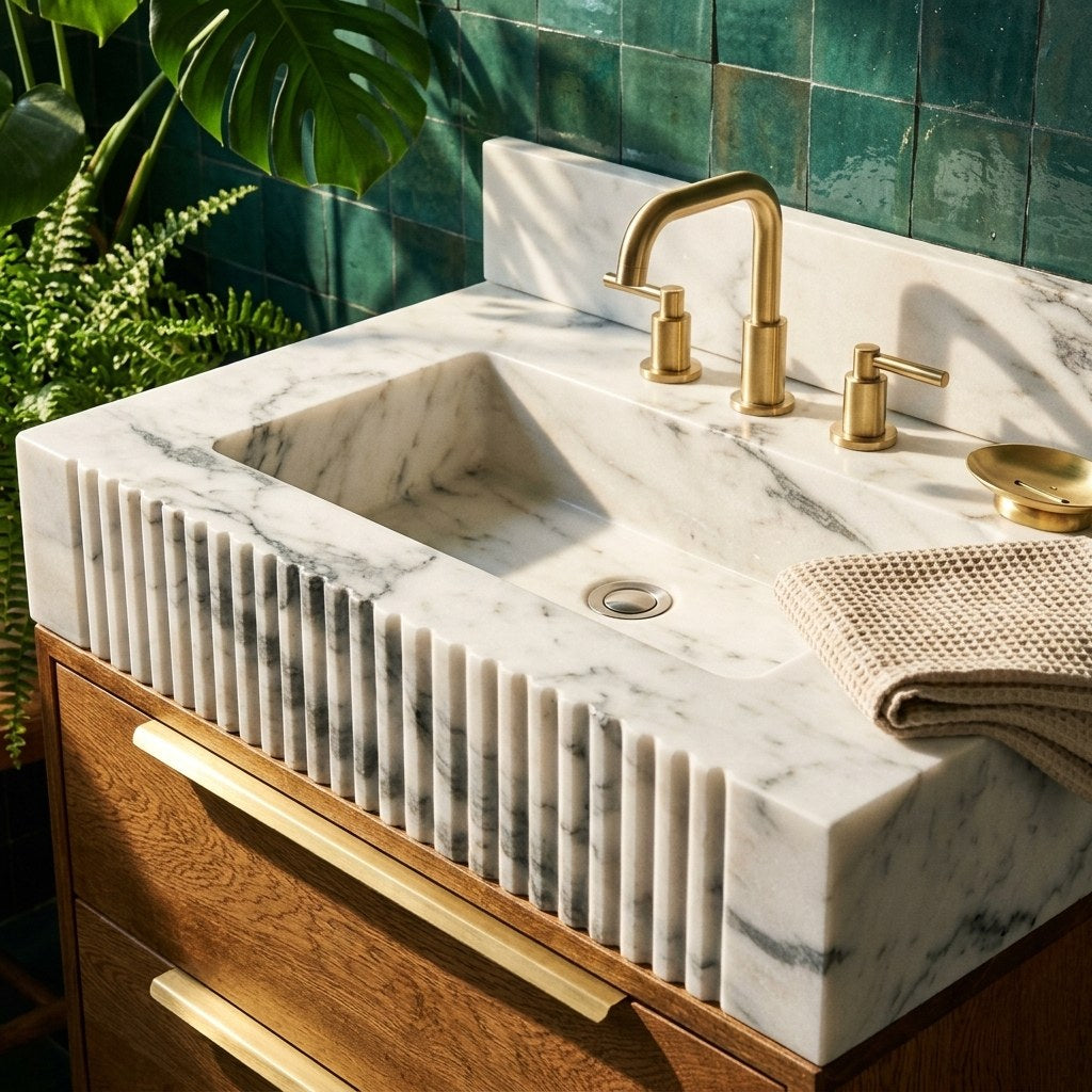 Carrara Fluted Marble Vanity Sink with Backsplash — premium — view 2