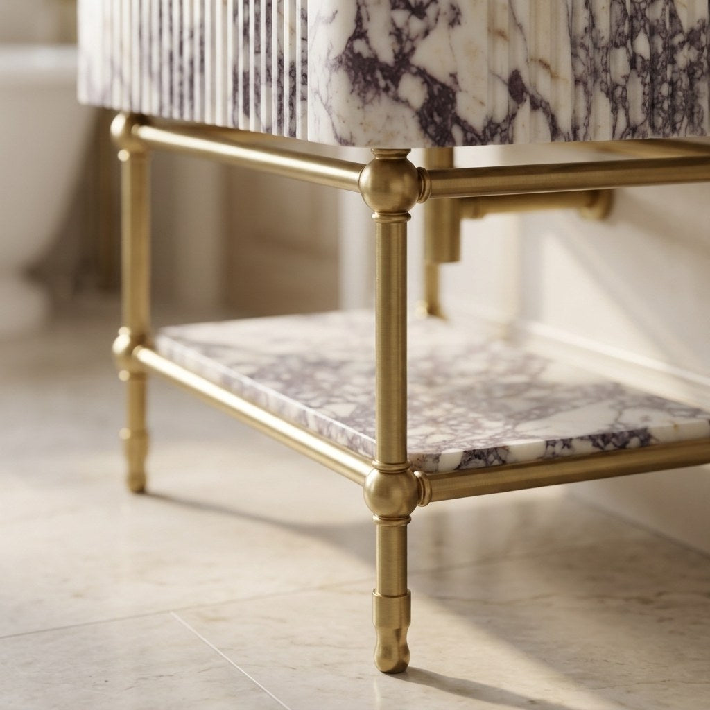 Calacatta Viola Fluted Marble Sink with Brass Stand and Backsplash — detail — view 3
