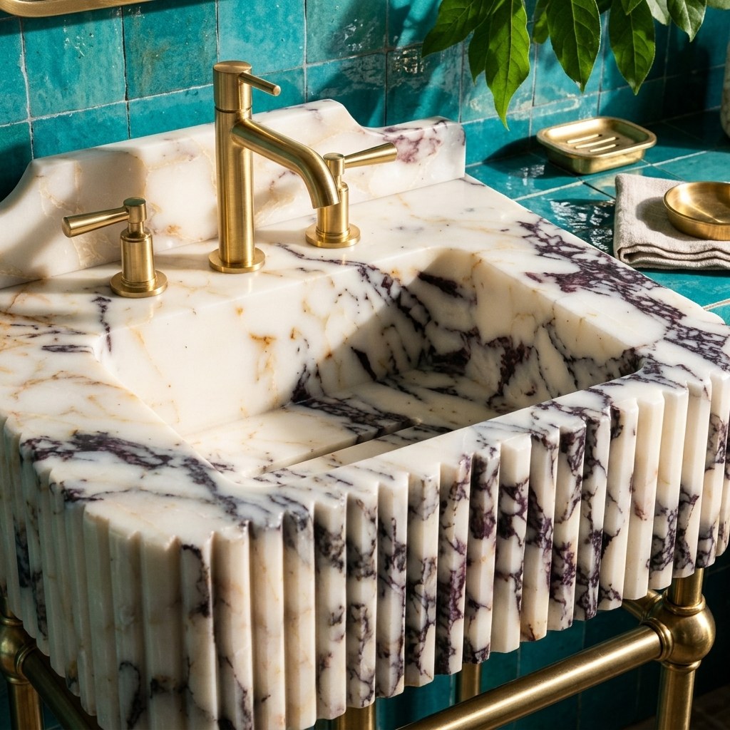 Calacatta Viola Fluted Marble Sink with Champagne Gold Stand — premium — view 2