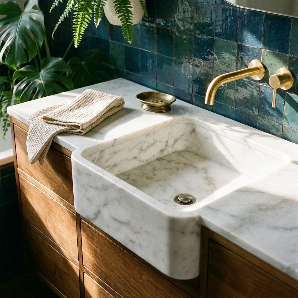 Carrara Marble Vanity with Wood Cabinet — premium — view 2
