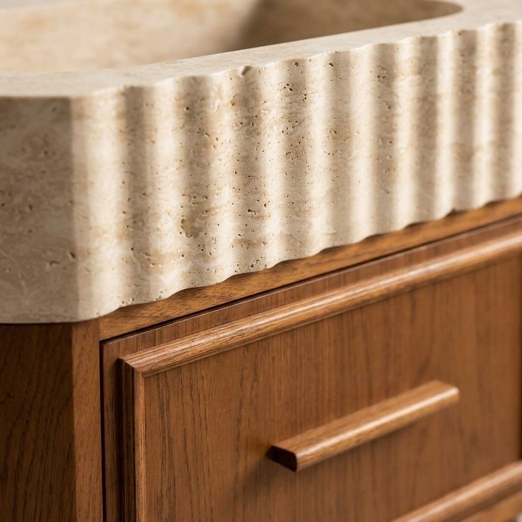 Honed Travertine Fluted Sink with Wooden Vanity — detail — view 4